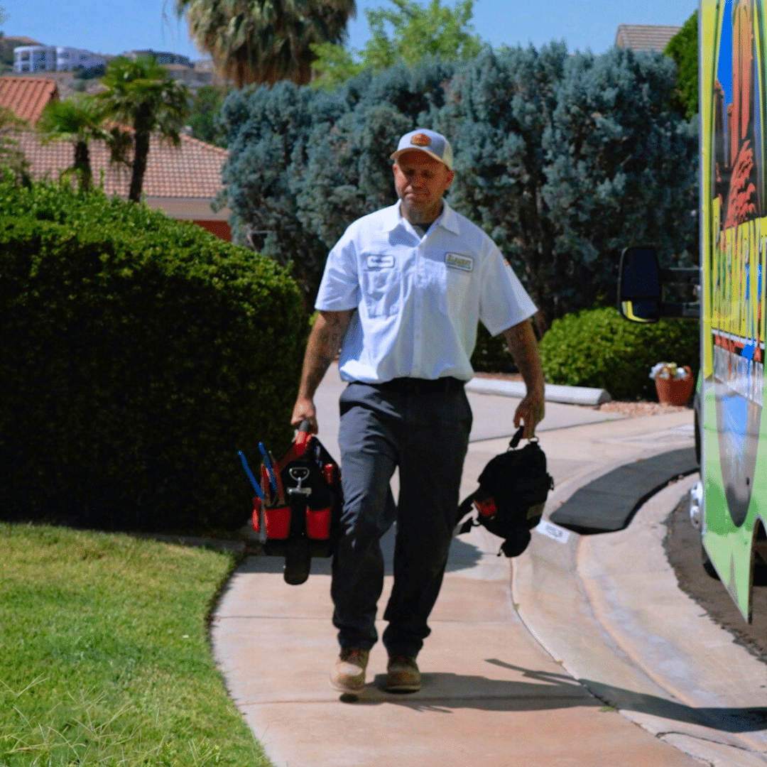 Element plumber arriving at a customers home in Hesperia CA